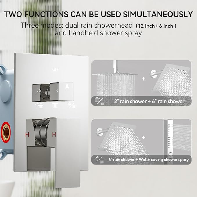 Shower Faucet Set Shower Systems, STARBATH 3 Way Shower Faucet with 2 in 1 Handheld, Ceiling Mount 12+6" Dual Rain Shower Head for Two People (6"+12" Shower Head-2 in 1-Handheld, Chrome)