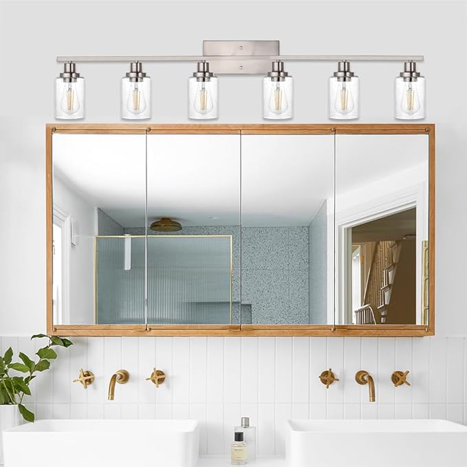 6-Lights Bathroom Vanity Light Fixtures with Seeded Glass Lampshades, 45.3-Inches Length Modern Brushed Nickel Wall Light Fixture for Kitchen Bathroom Lighting
