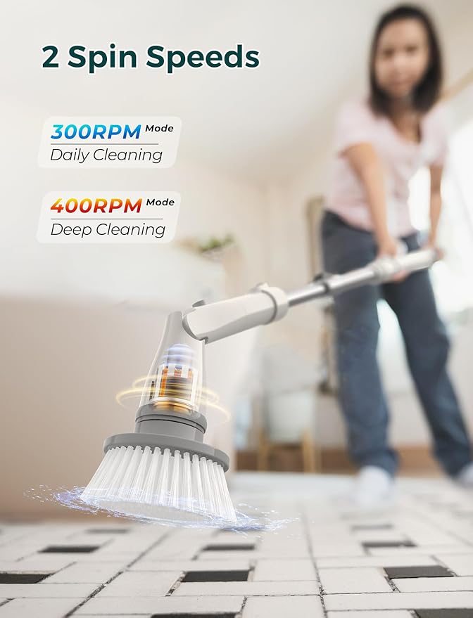 Sweepulire Electric Spin Scrubber SW1, Shower Scrubber with Long Handle, 2 Spin Speeds, Electric Bathroom Scrubber with 8 Replacement Heads, Bath Tub Cleaner Brush for Floor, Tub, Shower, Tile