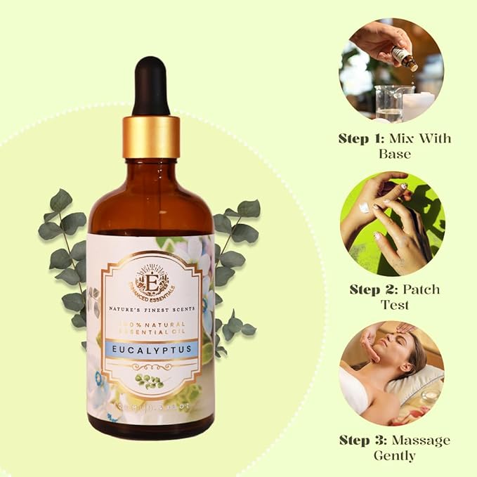 Luxurious Eucalyptus Essential Oil by Enhanced Essentials|with Glass Dropper|Slow Distilled Essential Oils for Diffusers,Skin Care,Aromatherapy,Bath,Gifting,Soap and Candle Making| 3.38 fl oz/100 ml