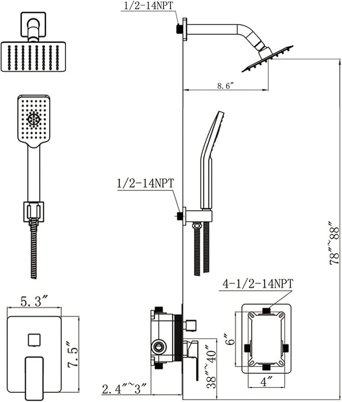 Shower System Modern Rain 8 inches Brass Faucet Set With Valve and Diverter Shower Mixer With Handheld High Pressure Square Rainfall Shower Valve (8'' Wall Mount, Chrome Polished)