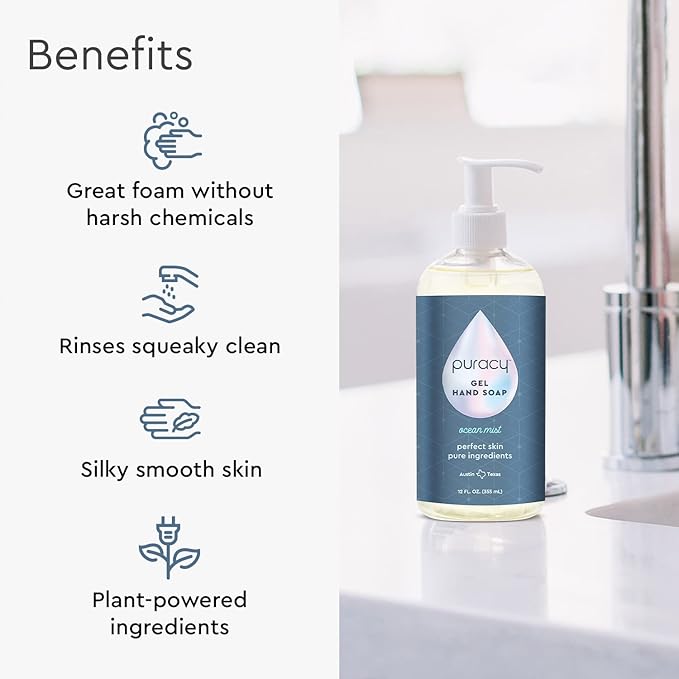 Puracy Organic Hand Soap, For the Professional Hand Washers We've All Become, Moisturizing Natural Gel Hand Wash Soap, Liquid Hand Soap Refills for Soft Skin (12 fl.oz, Ocean Mist) 2-Pack