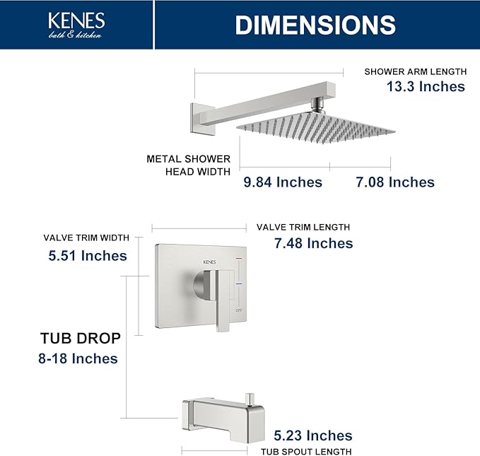 KENES Brushed Nickel Tub Shower Faucet Set Complete, Tub and Shower Trim Kit with 10-Inch Rain Shower Head, Square Shower System, KE-6024A (Shower Valve Included)