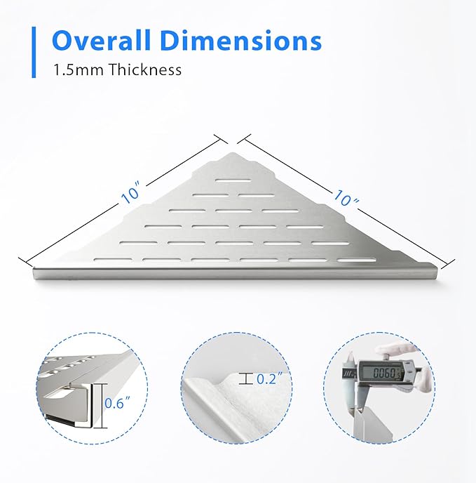 POPFLY 10" Silver Stainless Steel Corner Shower Shelf 2PCS, 304 SS Recessed Bathroom Shelves for Tile Walls, No Drilling Needed, Floating Shower Caddy with Drainage Slots, PF7501L