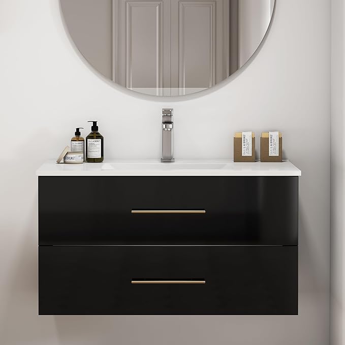 36" Wall Mounted Bathroom Vanity with Sink, High Gloss Black Floating Cabinet, Modern Gold Handles, 2 Soft Close Drawers, Integrated Ceramic Top for Powder Room