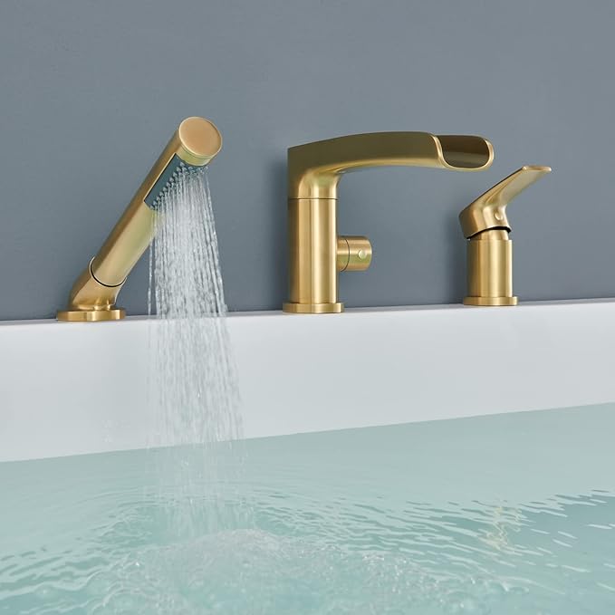 Waterfall Roman Tub Faucet Brushed Gold Deck Mount Bathtub Faucets Brass Tub Filler Bathroom Faucets with Hand Shower