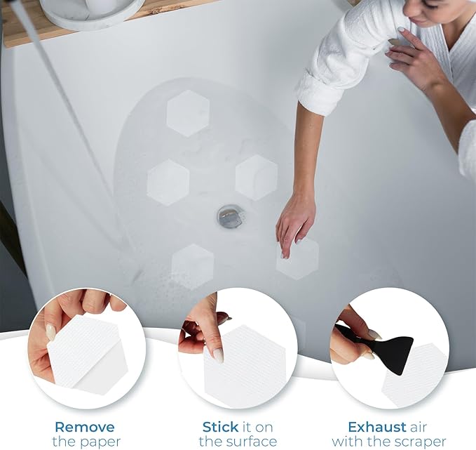 Anti-Slip Shower Stickers for Tub & Shower Floor — Original White Hex Non-Slip Bathtub Stickers, 24 Pack 3.25”, Micro-Pyramid Grip, Scraper Included, Easy Apply