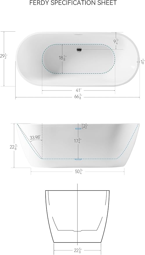 FerdY Bali 67" Acrylic Freestanding Bathtub, Ergonomic Lightweight Classic Oval Soaking Bathtub with Chrome Drain, Classic Slotted Overflow, Modern White