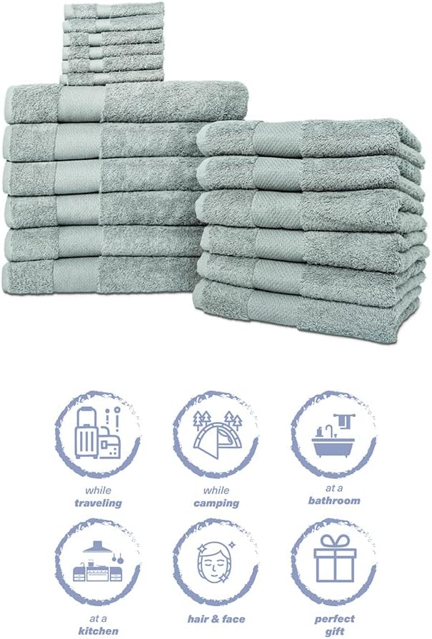 Hencely 18-Piece Bath Towel Set - High Absorbency, Quick Drying - 100% Soft Turkish Cotton - 6 Bath Towels, 6 Hand Towels, 6 Washcloths - Bathroom, Home, Hotel, Spa, and Gym - 18-Pack Light Green