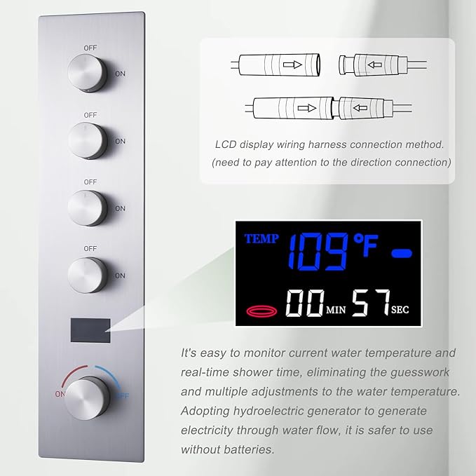Brushed Nickel Digital Display Shower System with 16X24 inch Ceiling Overhead Shower Head(Rain & Waterfall Two Modes), 4 PCS Body Jet and Handheld Spray