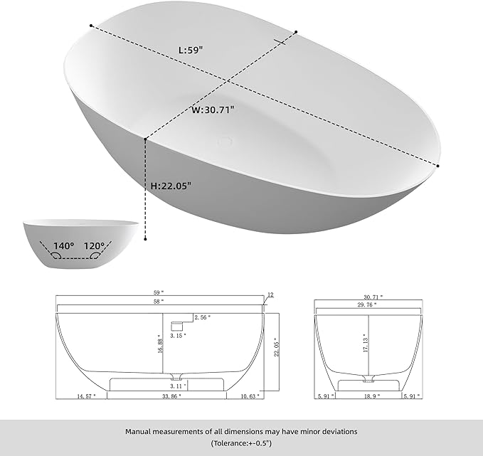 59" Stone Resin Freestanding Bathtub, Oval Solid Surface Bathroom Freestanding Tub, Thin Edge Stand Alone Tub with Integrated Slotted Overflow and Pop-up Drain, Matte White 302-150