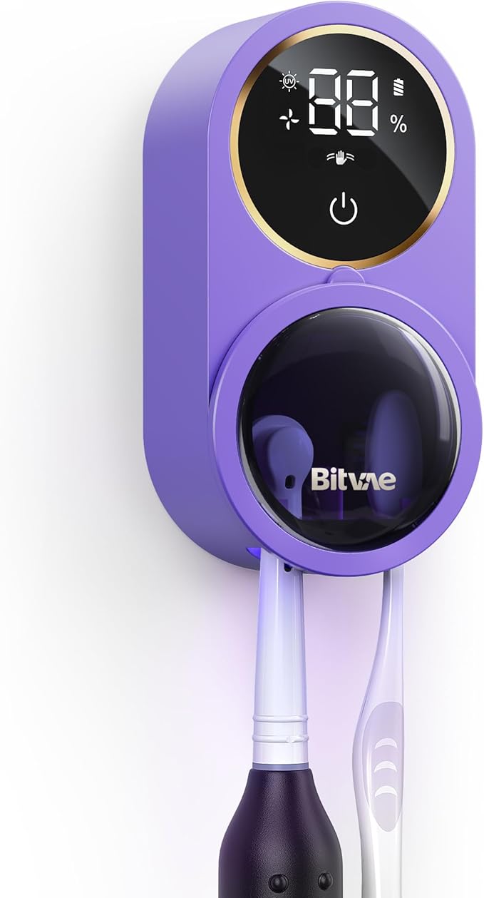 Bitvae Upgraded Tooth Brush Holder for Bathroom 2.0, Infrared Sensing Toothbrush Cleaner, Wall-Mounted for Most Size Toothbrushes, Air Drying, LED Smart Screen, Purple