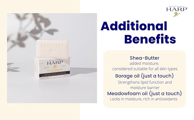 HARP pH-Balanced (5.0-6.0) Body Wash Bar. 100% Syndet. Protects Moisture Barrier For Sensitive, Dry or Irritated skin. + Shea Butter/Borage Oil. Non-Comedogenic. VANILLA LAVENDER FRAGRANCE
