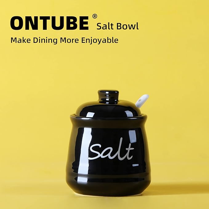 ONTUBE Ceramic Salt Bowl with Lid and Spoon 12oz (Black)