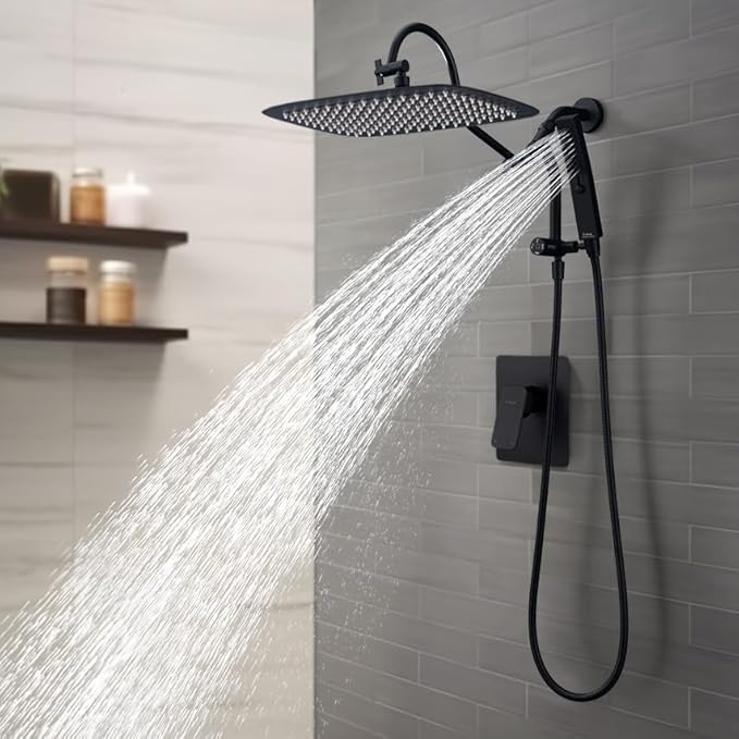 G-Promise 14 Inches Shower Faucet Sets Complete, All Metal Rainfall Shower Head and Handle Set, Extended Downward Diverter, Extension Arm and Pressure Balance Rough-in Valve Included