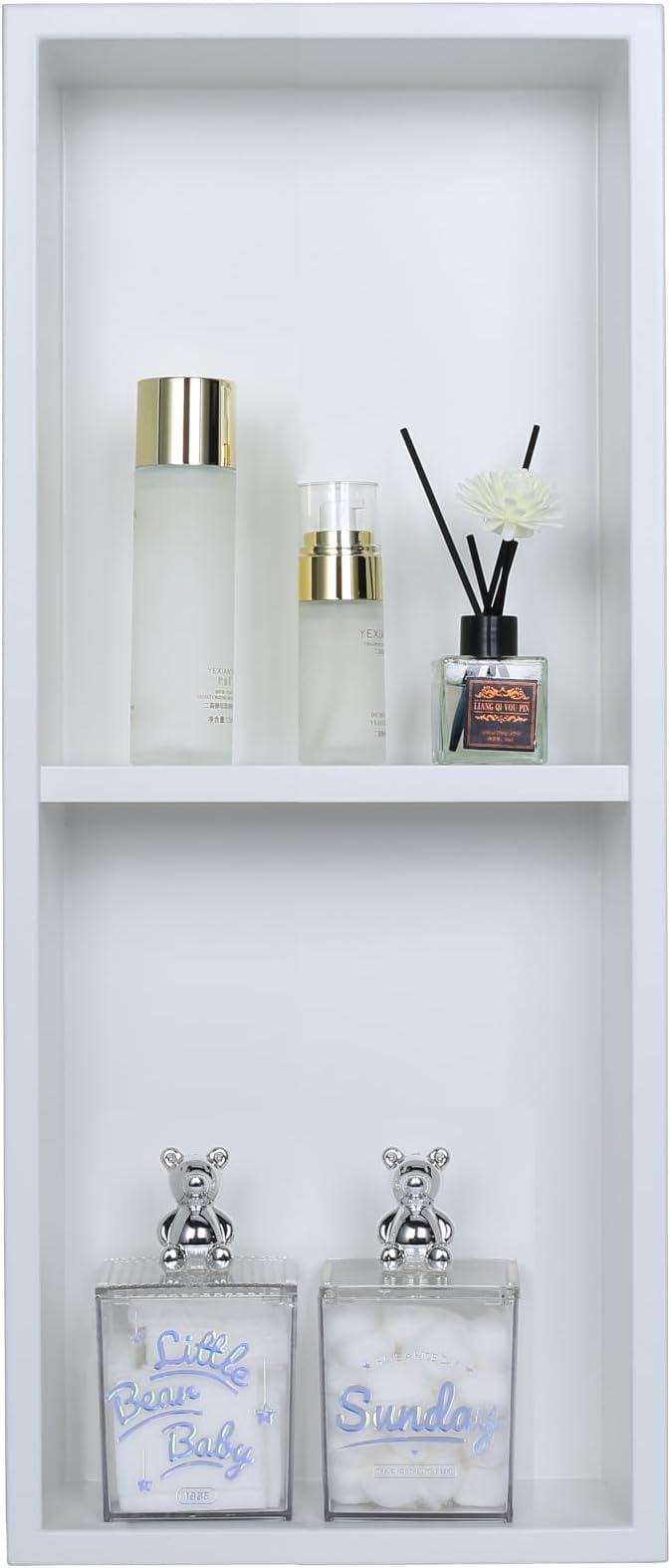 Narrow Shower Niche for Tiny Shower Room Storage, Insert Tile Ready, Double Shelves, Stainless Steel,(White, 24 * 8 in)