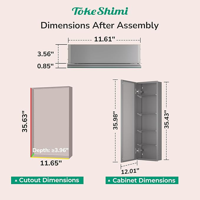 TokeShimi 12 x 36 Farmhouse Medicine Cabinet Recessed or Surface Mount Aluminum, Mirror with Stepless Adjustable Storage, Silver Bathroom Mirror Medicine Cabinet Frameless Metal Modern