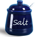 ONTUBE Ceramic Salt Bowl with Lid and Spoon 12oz White (Navy)