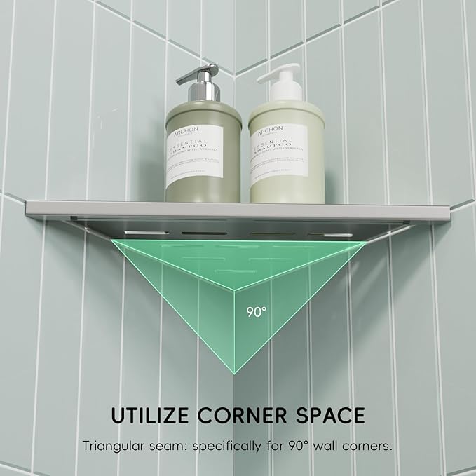 10’’ Shower Corner Shelf, Stainless Steel Shower Shelves with Razor Hole for Bathroom, Grout in Corner Shelf with Hooks for Tiled Wall 2 Pack, Brushed Nickel
