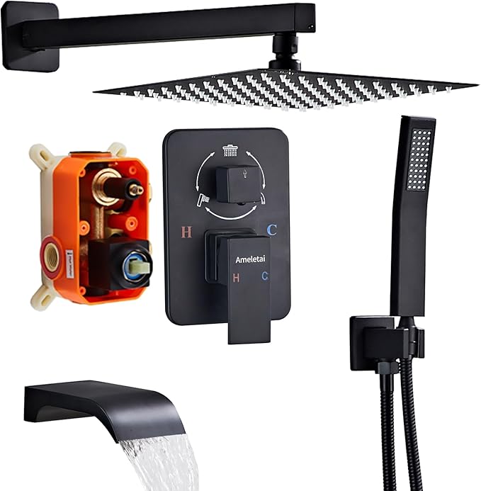 Shower Faucet Set, Black shower system with Square Rainfall Shower head, Handheld Wall Mounted Showerhead and Waterfall Tub Spout, 12 Inch, Metal Shower Faucet Trim Repair Kits