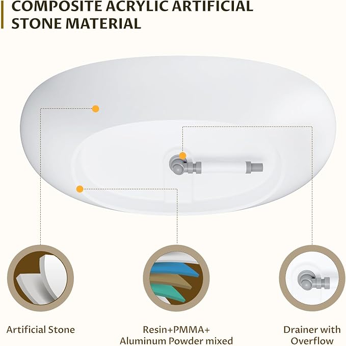 67 in Solid Surface Freestanding Bathtub, Contemporary Oval Shape Soaking Tub, Egg Shell Stone Resin Stand Alone Bathtub With Pop-Up Drain and Overflow, Cupc Certified,Matte White
