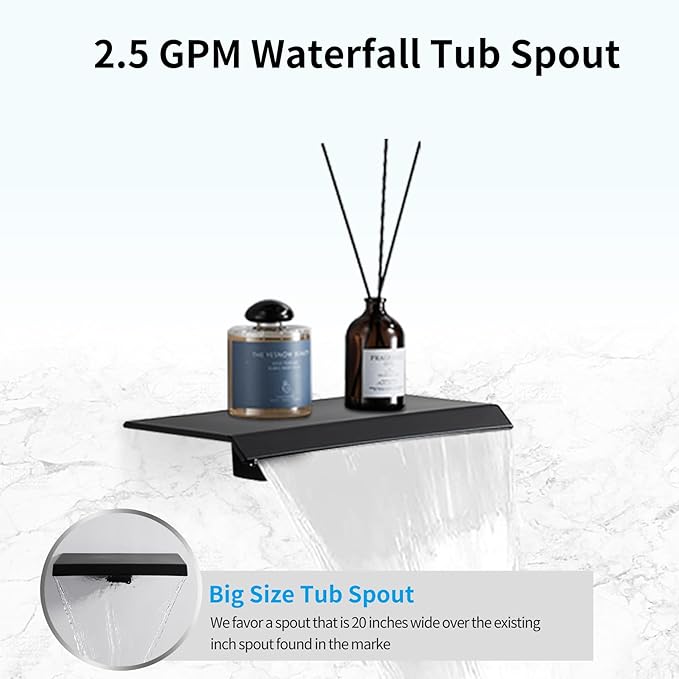 12 inch Matte Black Shower System with Tub Spout, Shower Faucet Set with Rain Shower Head and Handheld 3-Setting, Waterfall Bathtub Spout Rainfall Shower Combo Set for Bathroom Wall Mounted