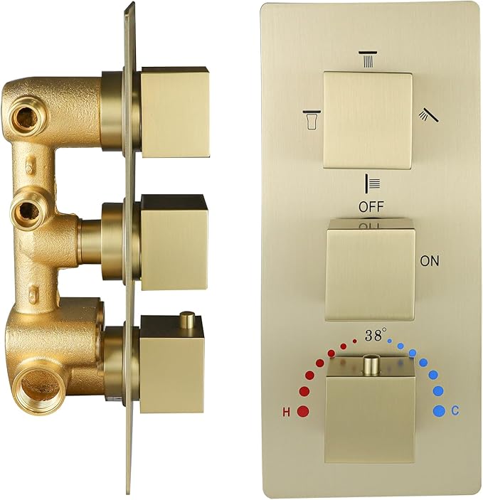 Brass 4 Ways Shower Diverter Valve Brushed Gold, HOMEDEC Thermostatic 4 Outlets 3 Handles Control Shower Mixing Mixer Valve Trim Kit Replacement, 3/4inch Rough In