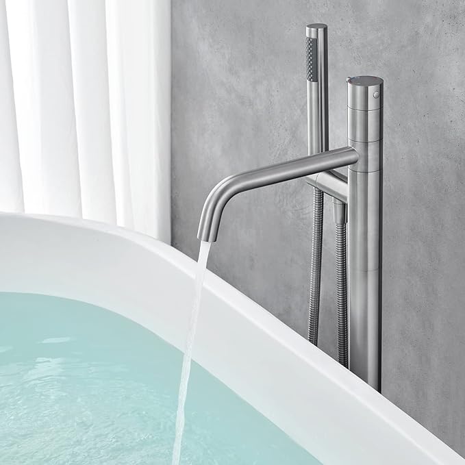 Freestanding Bathtub Faucet Floor Mount Tub Filler Brushed Nickel Brass Single Handle Bathroom Faucets with Hand Shower