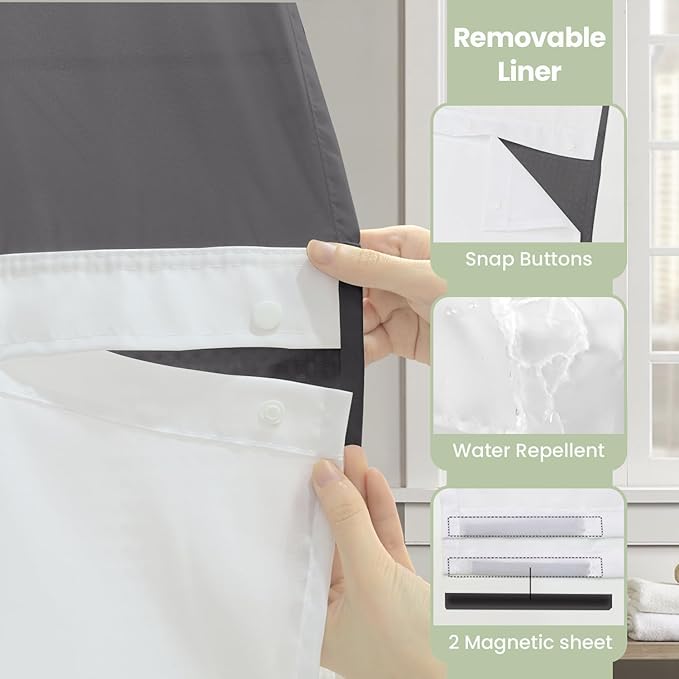 Inhousolu No Hook Shower Curtain with Snap in Fabric Liner Set Waffle Weave 230GSM Weighted Hem, Waterproof & Washable Bathroom Curtain Spa Luxury with Mesh Top Window 72" W x 72" L Graphite Grey