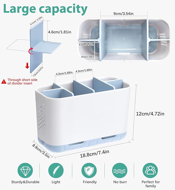 Boperzi Electric Toothbrush Holder for Bathroom Organizer Countertop, Detachable Anti-Slip Blue Toothpaste Storage Caddy 6 Slots White with Drainage Holes for Makeup Brush Razor Stand