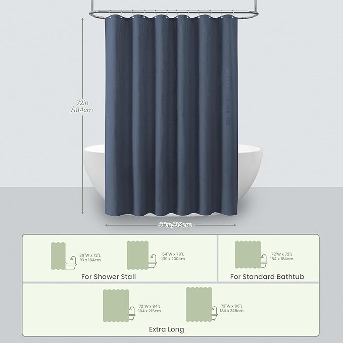 Inhousolu Fabric Shower Curtain Waffle Weave, Navy Blue 230 GSM Heavy Duty, Weighted Hem, 8 Metal Hooks, Water Repellent, Machine Washable, Hotel Spa Luxury Bath Curtain Set, 36 x 72 Inch