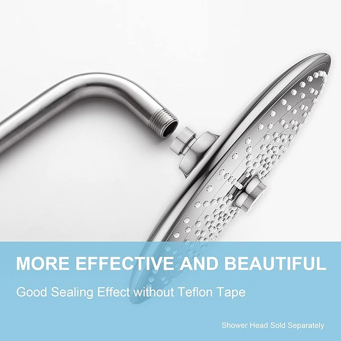 OFFO Shower Arm with Flange, 12 in Brushed Nickel Wall Mount Replacement Angle Shower Head Arm Wall-Mounted For Fixed Shower Head & Handheld Showerhead