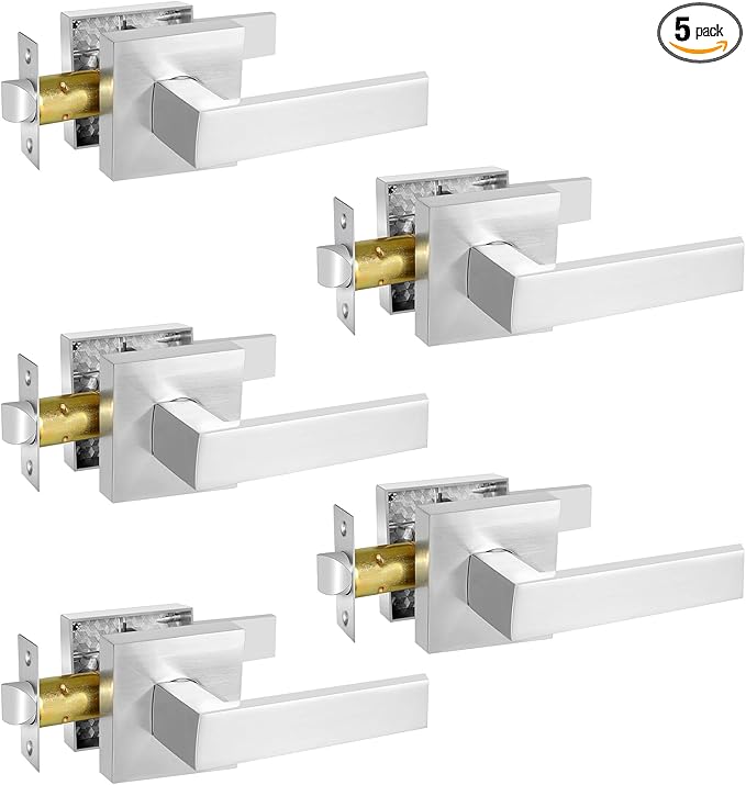 Square Passage Door Lever, Heavy Duty Interior Door Handles for Hallway& Closet Non-Locking Door Knob in Satin Nickel Keyless Door Lockset for Right & Left Side Door, 5 Pack