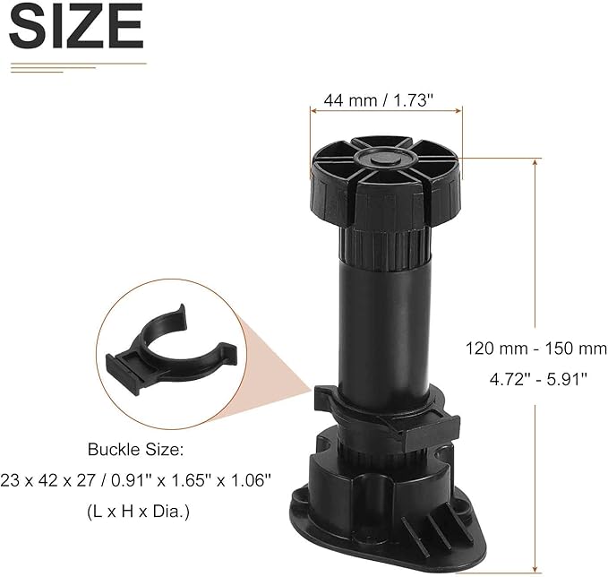 120x44mm(LxW) Adjustable Leveling Feet - 4Pack- Good for Furniture - Leveler Support Frame Replacement Legs - Black