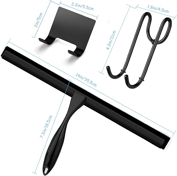 Shower Squeegee for Glass Doors, 14 Inches Bathroom Squeegee with Spare Silicone Blade, Shower Door Hook and Adhesive Hook, Stainless Steel Bathroom Squeegee for Mirror Window (14in-Black-1 Pack)