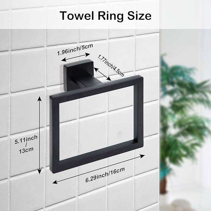 Matte Black Towel Ring,Square Hand Towel Holder,Towel Hanger, Bathroom Hardware Accessories,Stainless Steel Wall-Mounted Towel Hoder