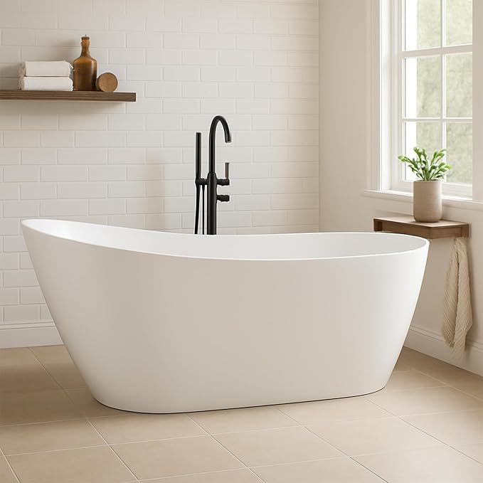 59 Inch Freestanding Acrylic Bathtub, Modern Soaking Tub with Chrome Overflow & Drain, CUPC Certified, Deep Soaking Design for Luxurious Spa Experience, Contemporary Bathroom Centerpiece