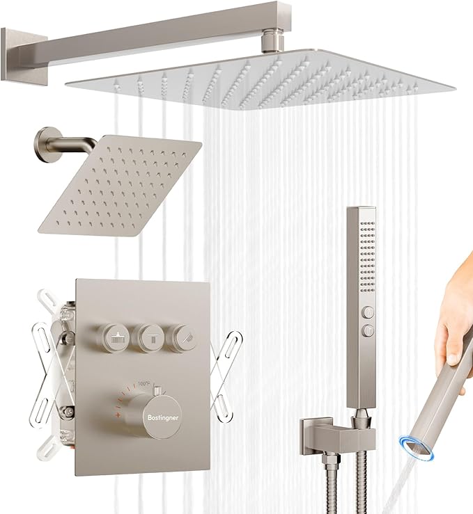 Thermostatic Shower System Wall Mounted, 12 inch Dual Shower Faucet Set with 8 inches Wall Mounted Shower Head, Push Button Diverter 3 Function Shower Head System with 2 in 1 Shower Handheld