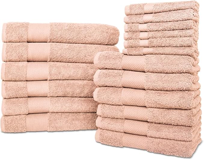 Hencely 18-Piece Bath Towel Set - High Absorbency, Quick Drying - 100% Soft Turkish Cotton - 6 Bath Towels, 6 Hand Towels, 6 Washcloths - for Bathroom, Home, Hotel, Spa, and Gym - 18-Pack Dark Peach