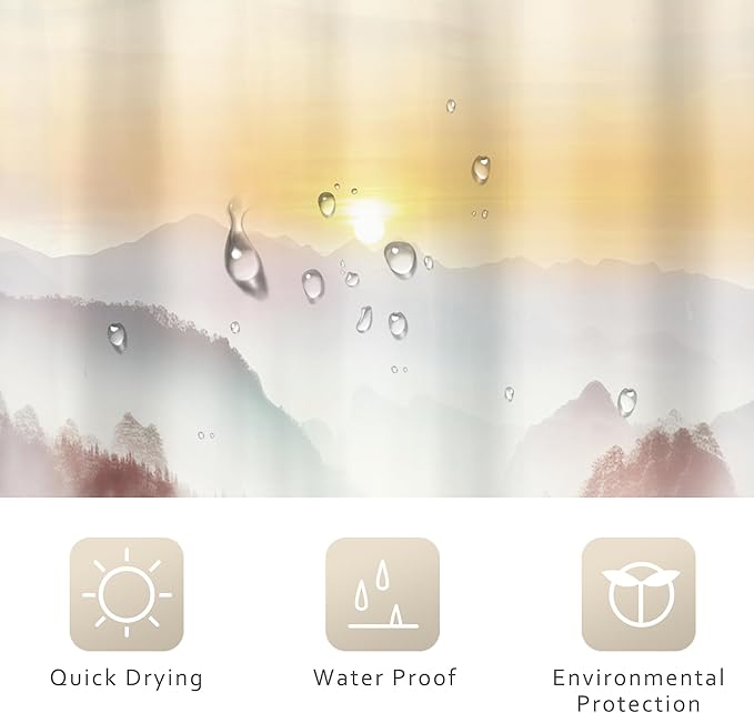 Riyidecor Misty Mountain Shower Curtain 60Wx72H Inch Red Sunrise Nature Scenery Foggy Pine Tree Scenic Woodland Modern Natural Landscape Cool Bathroom Decor Fabric Polyester Waterproof 12 Pack Hooks