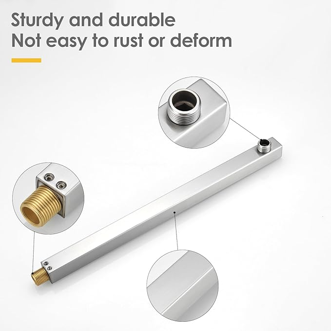 BESy 16 Inches Straight Extended Shower Arm With Flange, Rain Shower Head Extension Arms, Square Shower Rod Shower Head Extender Arm Shower Pipe Extension, Wall-Mounted Brushed Nickel Stainless Steel