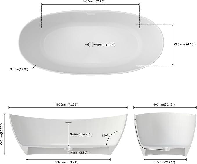 73'' High-back Freestanding Solid Surface Resin Stone Bathtub, Freestanding Tub, Contemporary Design Stand Alone Tub with Pop-up Drain and Overflow, Matte White (Oval)