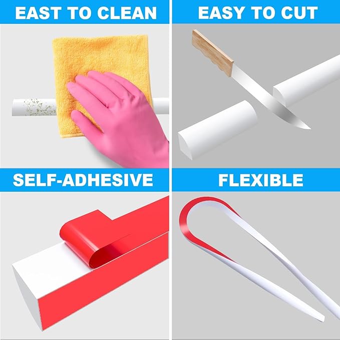 Duzzy 78 Inch Flexible Quarter Round Molding, Peel and Stick Silicone Rubber Trim Suitable for Shower Pans Gap and the Base of Staircase