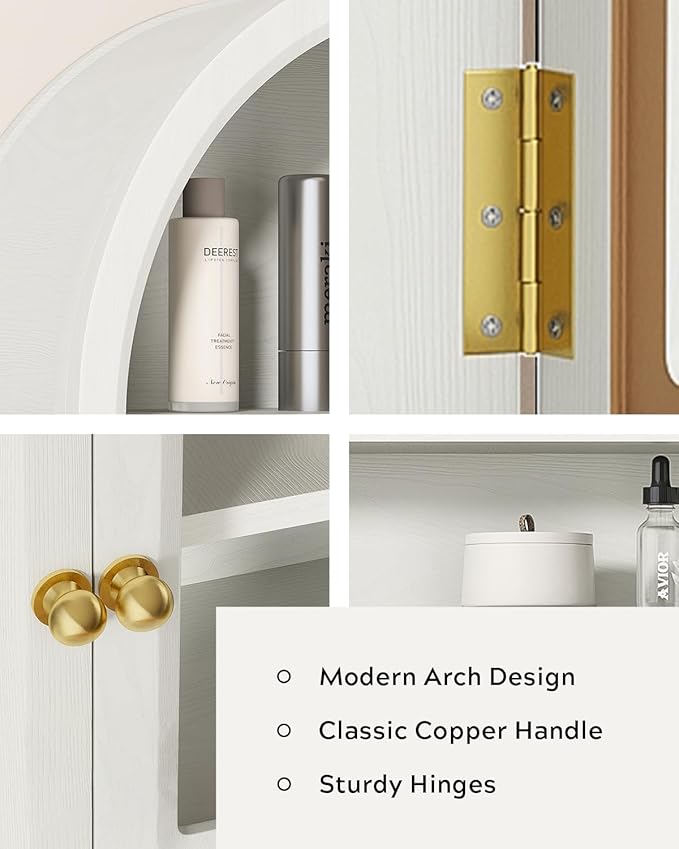 Arched Wall Cabinet with Acrylic Door, Large Wooden Wall Mounted Bathroom Cabinet, Modern Hanging Medicine Cabinet with Adjustable Shelf and Open Shelf, White