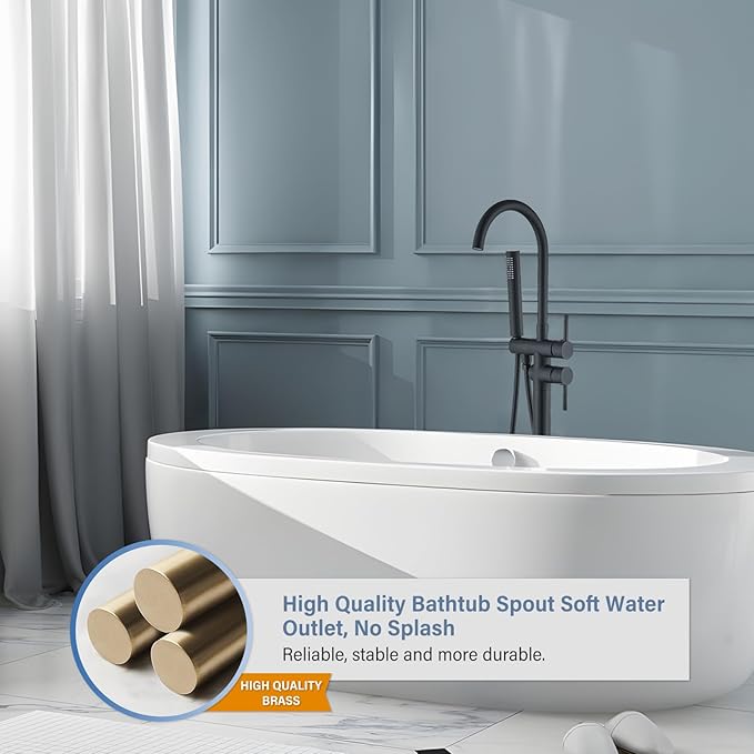 Freestanding Bathtub Faucet Matte Black Floor Mounted Tub Filler with Hand Shower 360 Degree Swivel Standing Spout Brass High Flow Mixer Taps