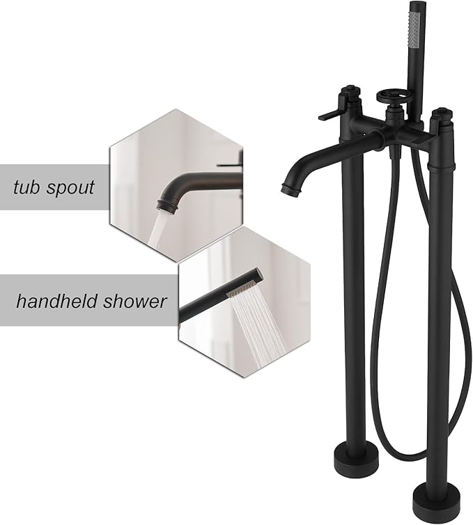Freestanding Bathtub Faucet Matte Black Floor Mount Tub Filler with Handheld Shower Two Handle High Flow Rate Mixer Tap Bathroom Tub Faucet