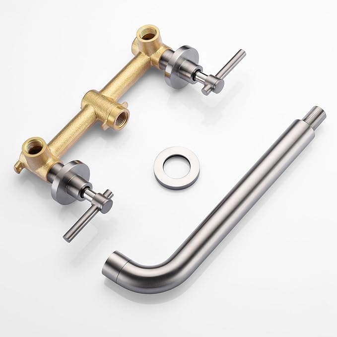 Wall Mount Tub Filler Faucet Brushed Nickel High Flow Bathtub Faucet Two Handles Solid Brass, Long Spout Reach, sumerain