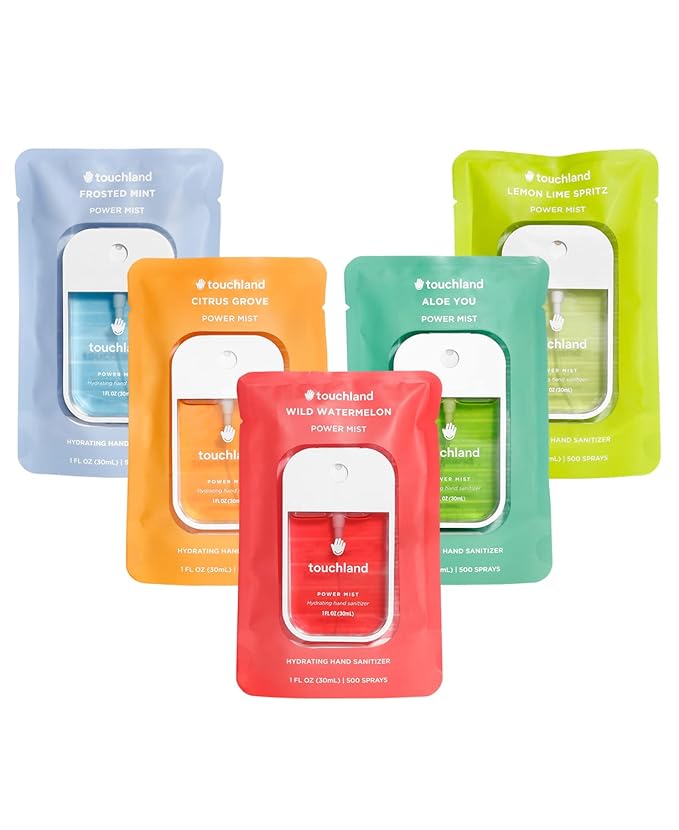 Touchland Hydrating Hand Sanitizer Spray, FRESH 5 Set (Mint, Citrus, Lemon Lime, Aloe, Watermelon), 1 FL. OZ. Travel Size Power Mist Sprays (Set of 5)