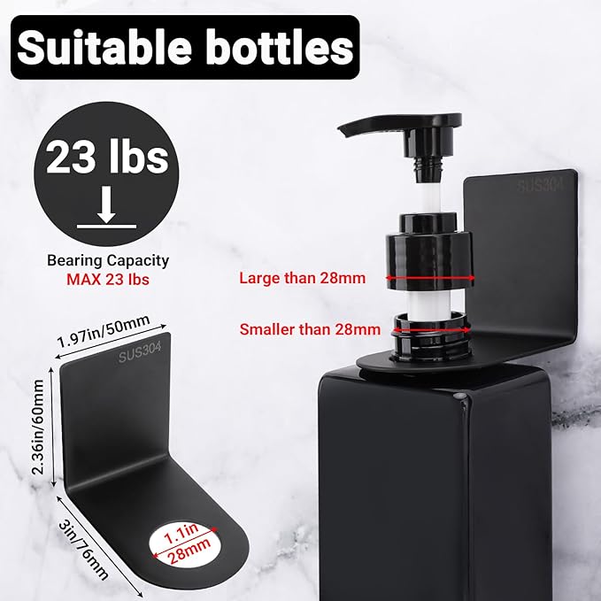 Segbeauty Adhesive Bottle Holder for Soap Dispenser, 3pcs 1.1inch 2.8cm Drill-Free Shower Shampoo Holder, Stainless Wall Mounted Hanging Rack for Hotel Toilet Kitchen, Black