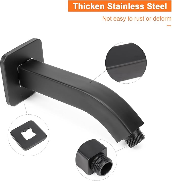 HarJue Shower Arm with Flange and Teflon Tape, Wall Mounted Square Shower Pipe 304 Stainless Steel Extension Arm for Fixed Shower Head & Handheld Shower (6 Inch, Matte Black)